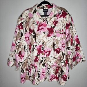 Maggie Barnes Womens Size 5X Floral Button Jacket White Artsy Mature Office
